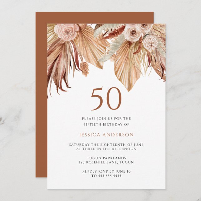Bohemian Floral Terracotta Boho 50th Birthday Invitation (Front/Back)