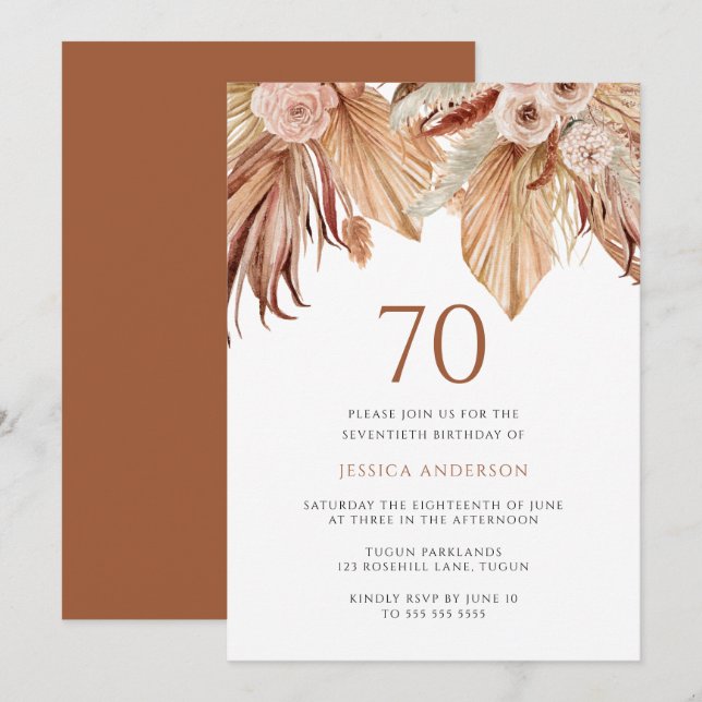 Bohemian Floral Terracotta Boho 70th Birthday Invitation (Front/Back)