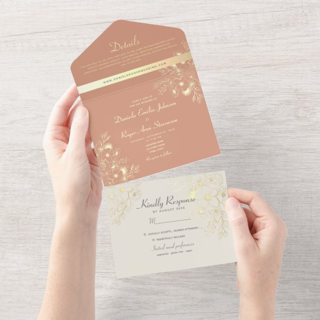 Bohemian Floral Terracotta Wedding All In One Invitation (Tearaway)
