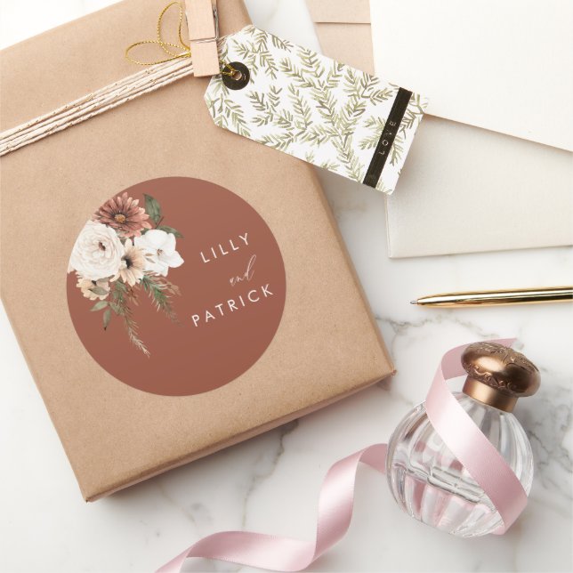 Bohemian Floral Terracotta Wedding Classic Round Sticker (Gifting)