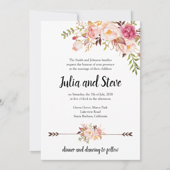 Bohemian Floral Watercolor Flowers Boho Wedding Invitation (Front)