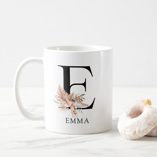 Bohemian Floral Watercolor Monogram  Coffee Mug (With Donut)