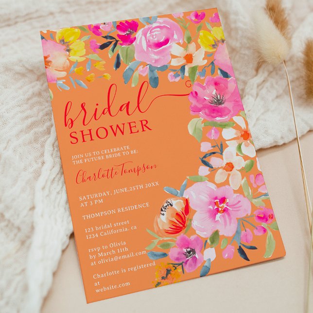 Bohemian floral watercolor orange bridal shower invitation (Bohemian floral watercolor orange bridal shower invitation)