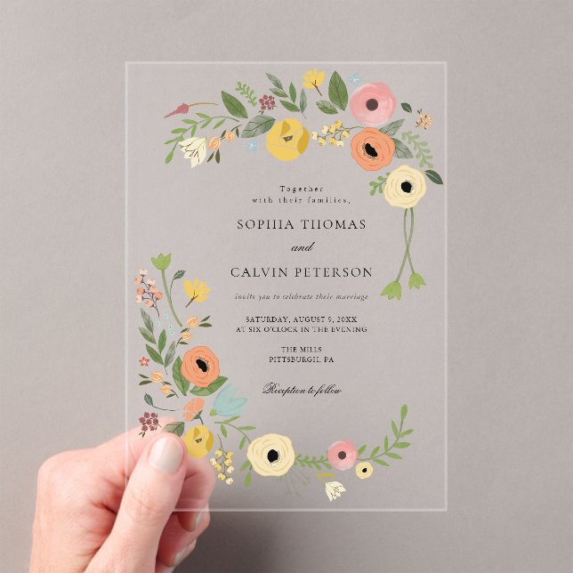 Bohemian Floral Wildflower Wedding Acrylic Invitations (Insitu (Handheld))