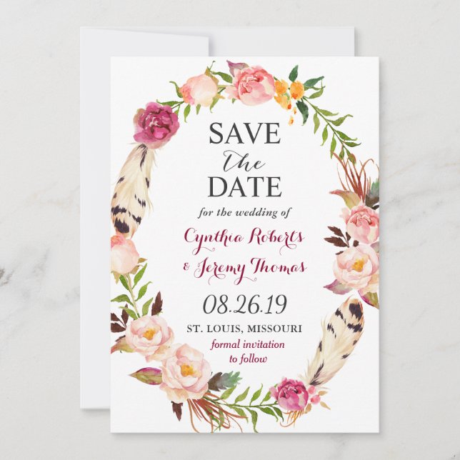 Bohemian Floral Wreath Feather Boho Save the Date (Front)