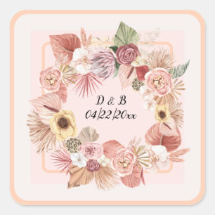 Bohemian Floral Wreath Ivory/Rose/Caramel  Square Sticker