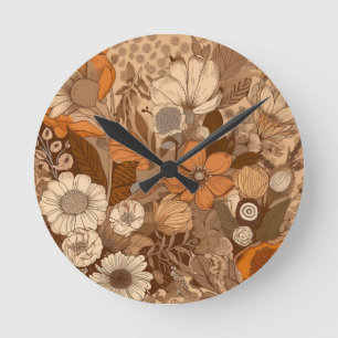 Bohemian Flowers in Orange Cream and Earth Tones Round Clock