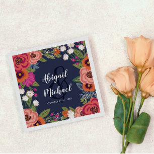 Bohemian Flowers - Navy Blue Wedding Napkin