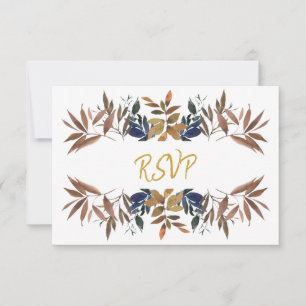 Bohemian Foliage Blue Beige Gold Wedding RSVP Card