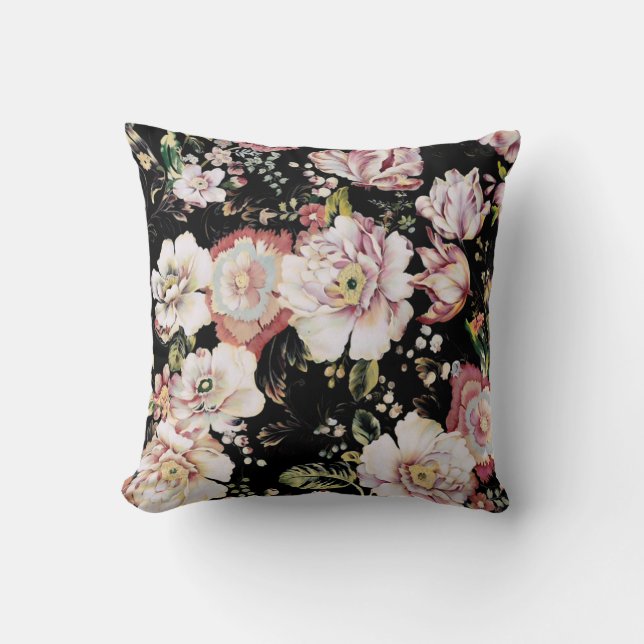 bohemian french country chic black floral cushion (Front)