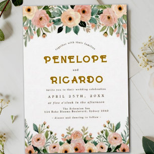 Bohemian Garden Flower Peach Wedding Invitation