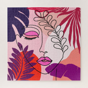 Bohemian Girl Line Art Pink Aesthetic Jigsaw Puzzle