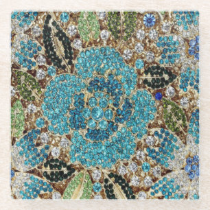 bohemian girly chic silver turquoise blue flower glass coaster