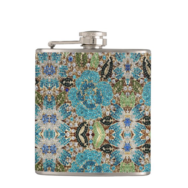 bohemian girly chic silver turquoise blue flower hip flask (Front)