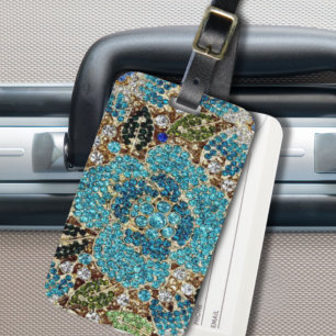 bohemian girly chic silver turquoise blue flower luggage tag