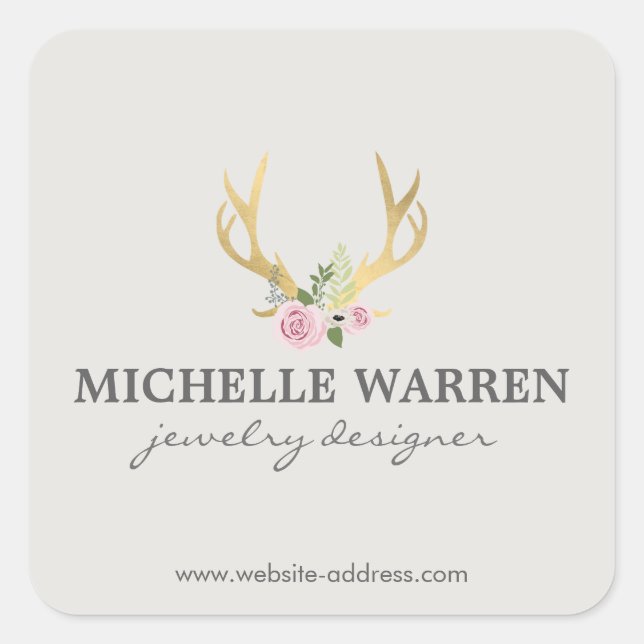 Bohemian Gold Antlers with Flowers II Personlized Square Sticker (Front)