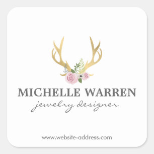 Bohemian Gold Antlers with Flowers Personlized Square Sticker