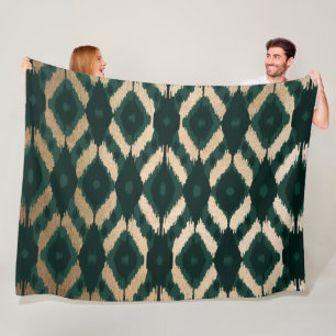 Bohemian Gold Forest Green Ikat Pattern Fleece Blanket