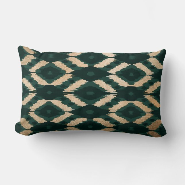 Bohemian Gold Forest Green Ikat Pattern Lumbar Cushion (Front)