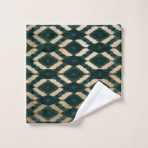 Bohemian Gold Forest Green Ikat Pattern Wash Cloth