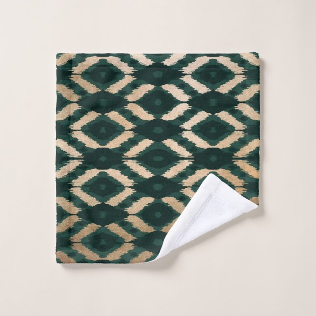 Bohemian Gold Forest Green Ikat Pattern Wash Cloth (Wash Cloth)