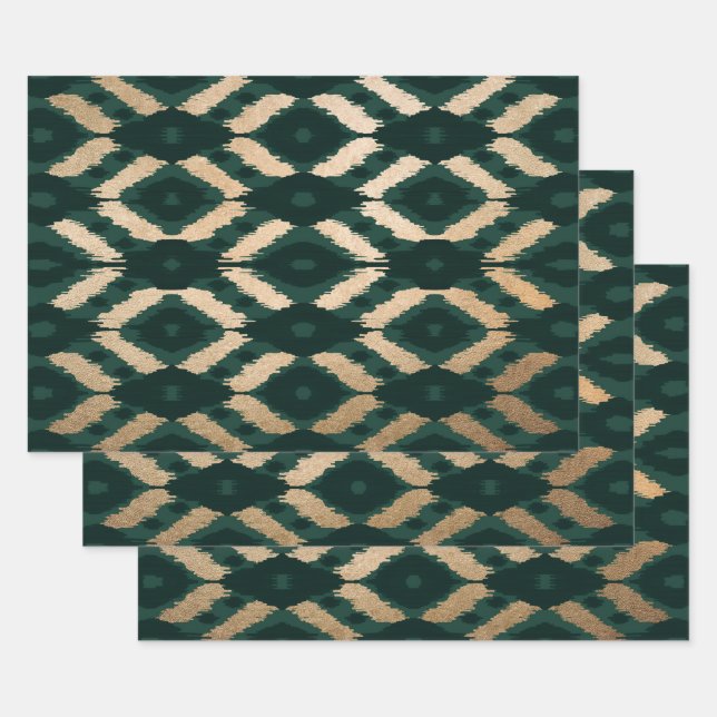 Bohemian Gold Forest Green Ikat Pattern Wrapping Paper Sheet (Set)