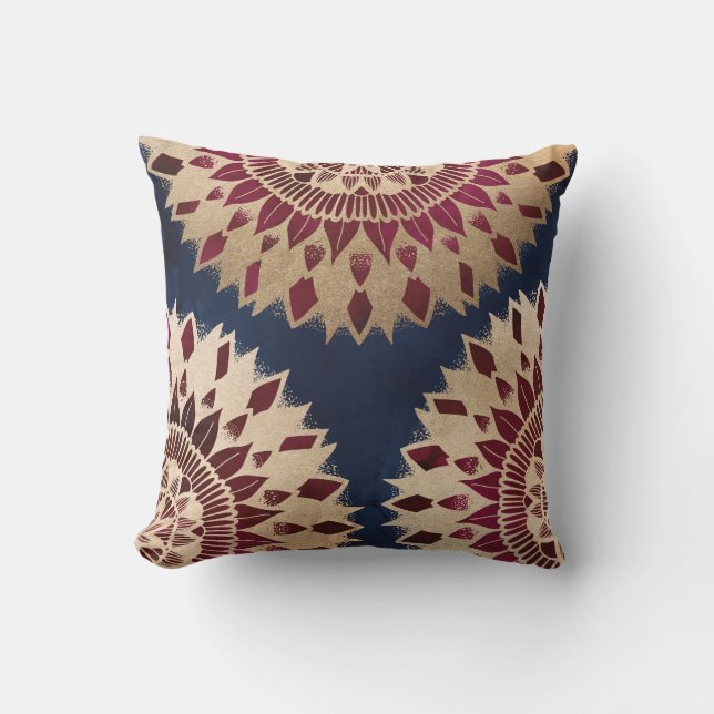 Bohemian Gold Navy Burgundy Hand Drawn Mandala Cushion (Front)