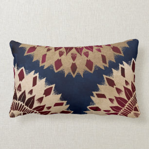Bohemian Gold Navy Burgundy Hand Drawn Mandala Lumbar Cushion