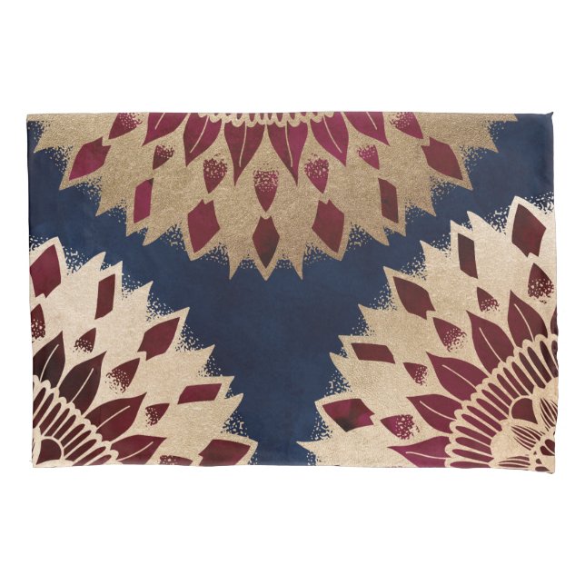 Bohemian Gold Navy Burgundy Hand Drawn Mandala Pillowcase (Front)