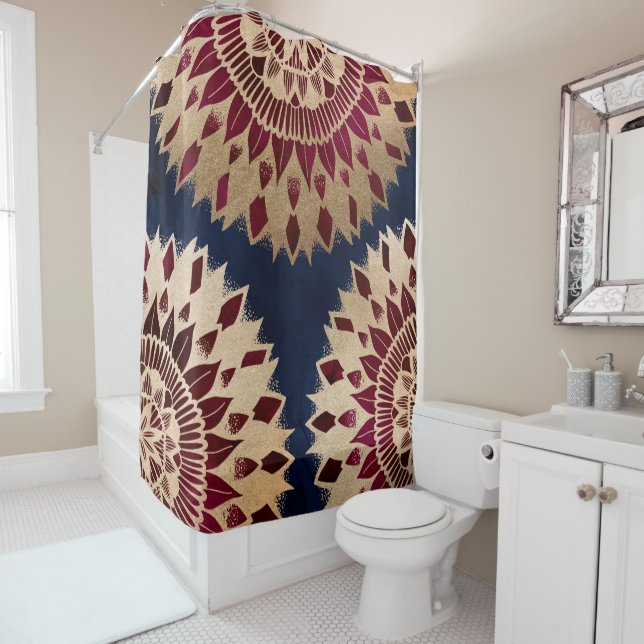 Bohemian Gold Navy Burgundy Hand Drawn Mandala Shower Curtain (In Situ)