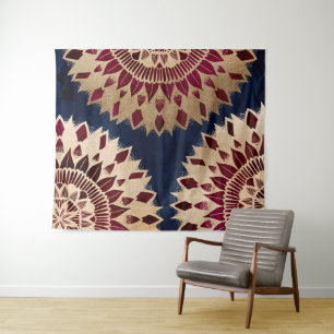 Bohemian Gold Navy Burgundy Hand Drawn Mandala Tapestry