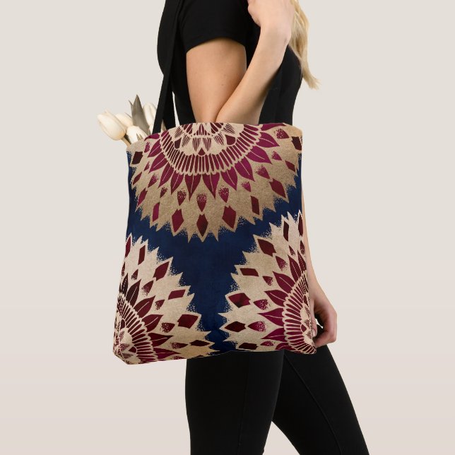 Bohemian Gold Navy Burgundy Hand Drawn Mandala Tote Bag (Close Up)