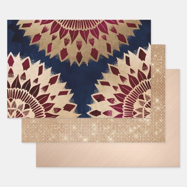 Bohemian Gold Navy Burgundy Hand Drawn Mandala Wrapping Paper Sheet (Set)