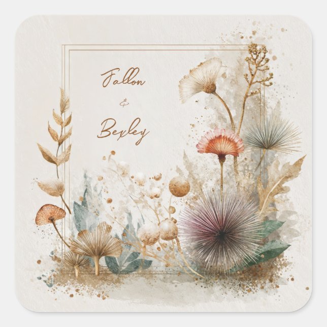 Bohemian Gold Pincushion Botanical Frame Wedding Square Sticker (Front)