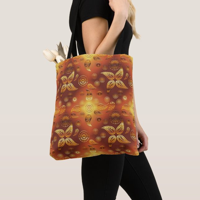 Bohemian Golden Retro Floral Tote Bag (Close Up)