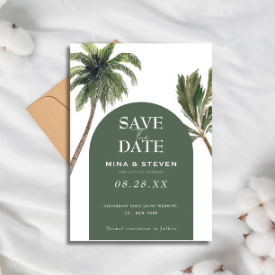 Bohemian Green arch palm tree wedding Save The Date