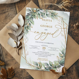 Bohemian green eucalyptus and gold engagement invitation