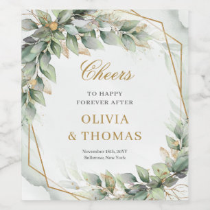 Bohemian green eucalyptus and gold wedding wine label