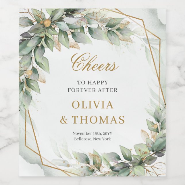 Bohemian green eucalyptus and gold wedding wine label (Single Label)