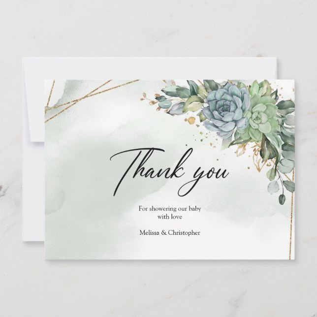 Bohemian green succulents eucalyptus foliage gold  thank you card (Front)
