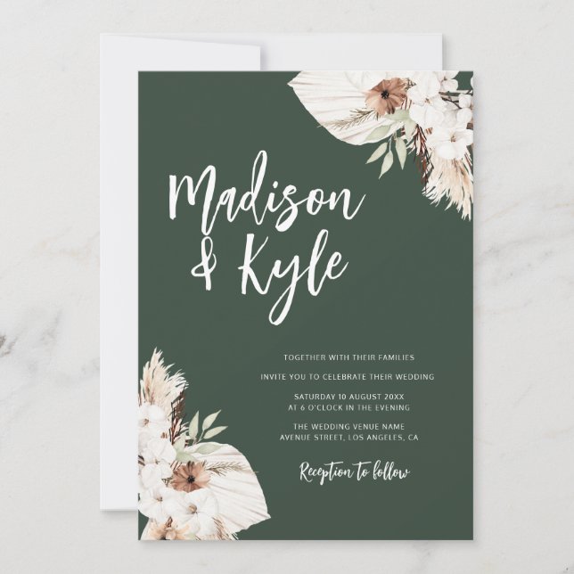 bohemian greenery pampas fall wedding invitation (Front)