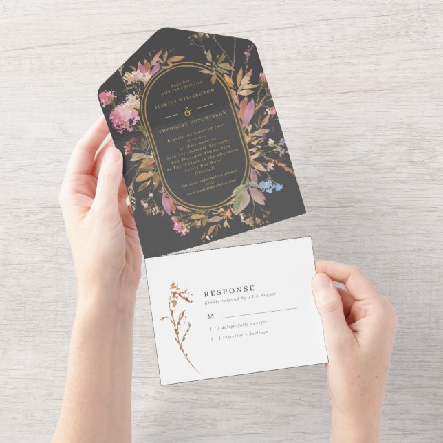 Bohemian Grey & Gold Wildflower Frame Wedding All In One Invitation (Tearaway)