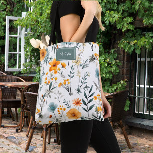Bohemian Grey, Sage & Gold Floral Monogram Tote Bag