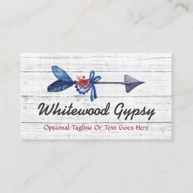 Bohemian Gypsy Arrow Feather & Beads Rustic Wood Business Card (Front)