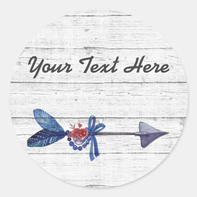 Bohemian Gypsy Arrow Feather & Beads Rustic Wood Classic Round Sticker (Front)