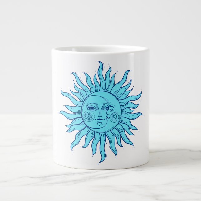 Bohemian Hand-Drawn Esoteric Sun, Crescent Moon Large Coffee Mug (Front)