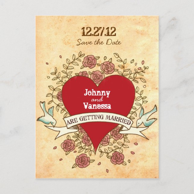 Bohemian Heart, Roses, Birds, & Banner Wedding Announcement Postcard (Front)