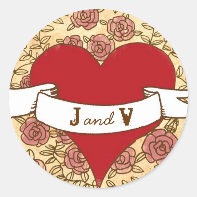 Bohemian Heart, Roses, Birds, & Banner Wedding Classic Round Sticker (Front)