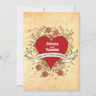 Bohemian Heart, Roses, Birds, & Banner Wedding Invitation
