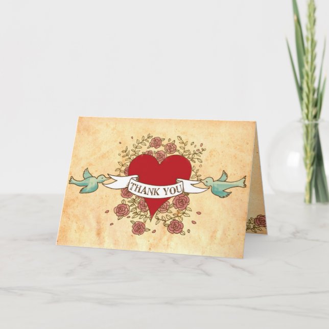 Bohemian Heart, Roses, Birds, & Banner Wedding Thank You Card (Front)